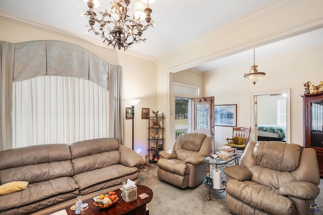 living room with a notable chandelier, carpet, and crown molding