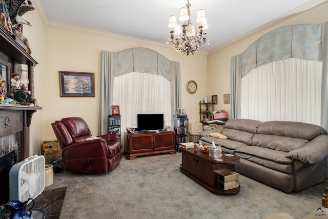 carpeted living room with crown molding, a premium fireplace, and a chandelier