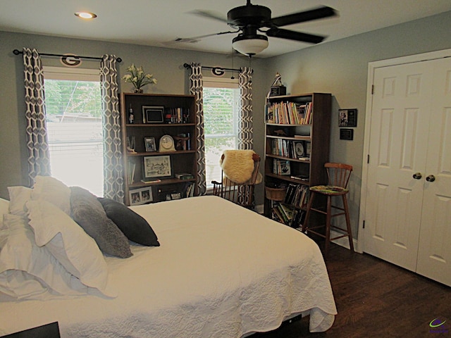 bedroom featuring multiple windows, dark wood-type flooring, and ceiling fan