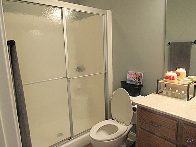 bathroom featuring vanity, a shower with shower door, and toilet