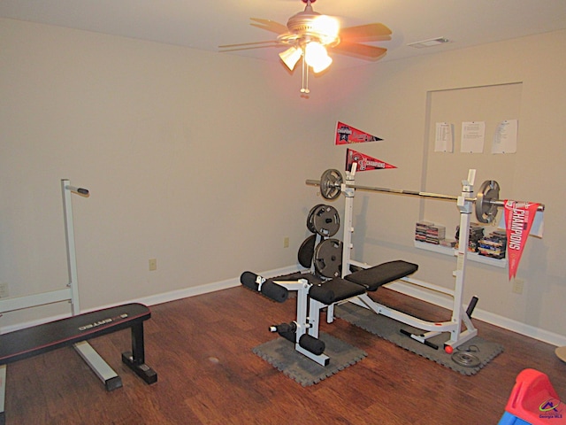 exercise room with wood-type flooring and ceiling fan