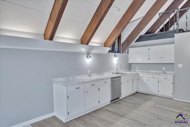 kitchen featuring white cabinetry, dishwasher, lofted ceiling with beams, and sink