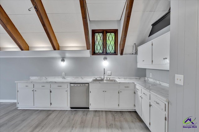 kitchen with white cabinetry, dishwasher, sink, and light wood-type flooring