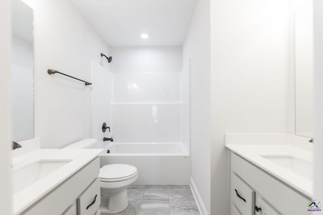 full bathroom with toilet, washtub / shower combination, and vanity