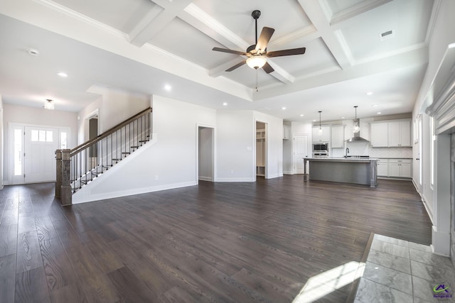 unfurnished living room with ceiling fan, dark wood-type flooring, beam ceiling, and coffered ceiling