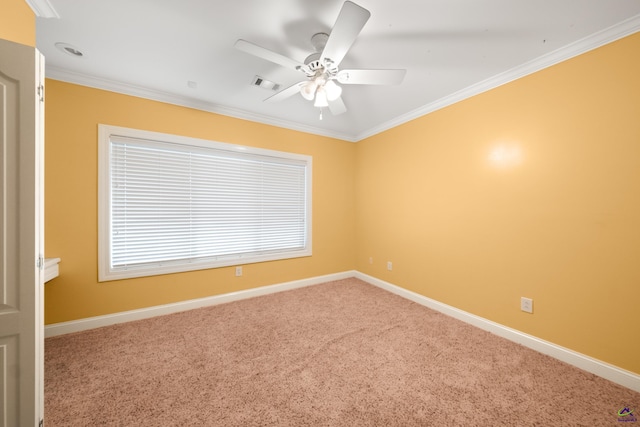 spare room featuring ornamental molding, ceiling fan, and carpet flooring