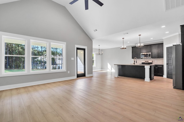 285 Lakeview Dr, Macon, GA 31211 - unfurnished living room featuring a chandelier, ceiling fan, recessed lighting, light wood finished floors, and high vaulted ceiling