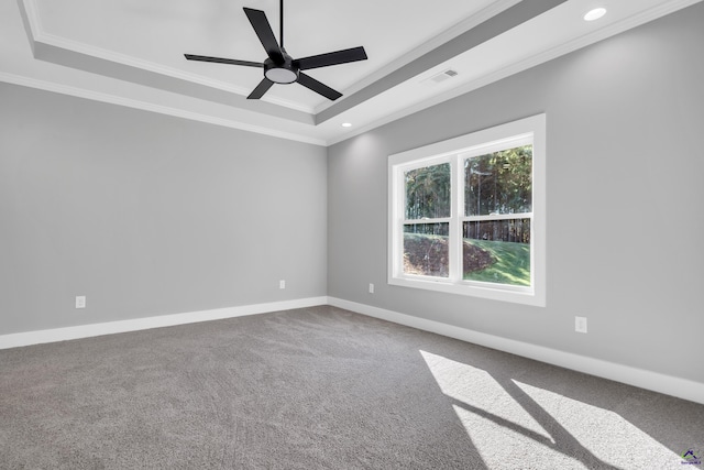 285 Lakeview Dr, Macon, GA 31211 - unfurnished room featuring a tray ceiling, crown molding, a ceiling fan, recessed lighting, and carpet flooring
