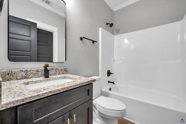 285 Lakeview Dr, Macon, GA 31211 - bathroom featuring crown molding, vanity, shower / bathtub combination, toilet, and wood finished floors