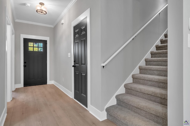 285 Lakeview Dr, Macon, GA 31211 - entryway with stairs, light wood-type flooring, crown molding, and baseboards