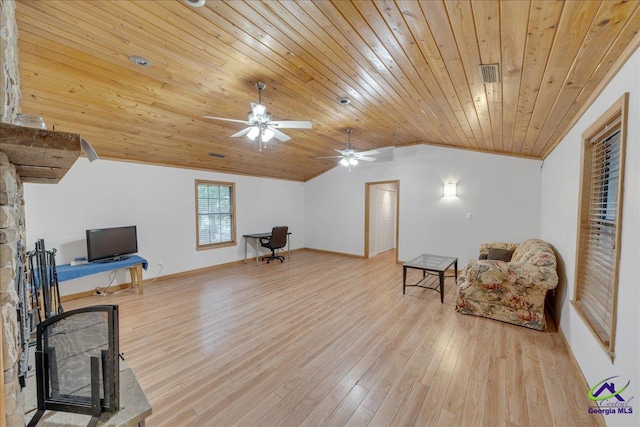 sitting room with a fireplace, light hardwood / wood-style flooring, wood ceiling, lofted ceiling, and ceiling fan