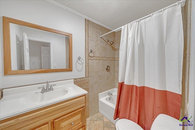 full bathroom with toilet, tile patterned flooring, vanity, a textured ceiling, and shower / tub combo