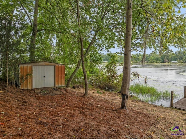 view of yard featuring a storage unit and a water view