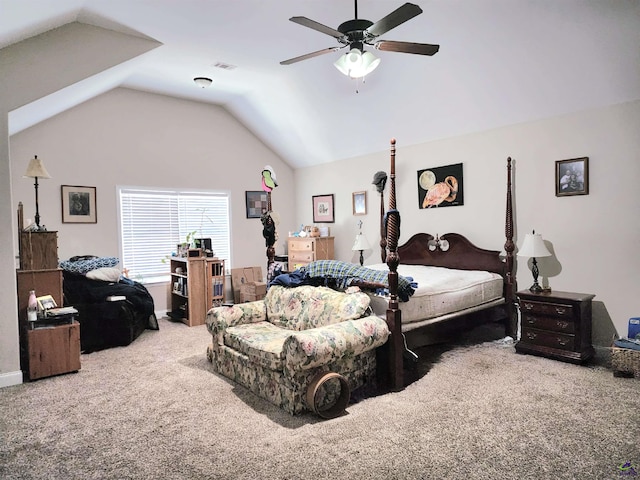 carpeted bedroom with ceiling fan and lofted ceiling