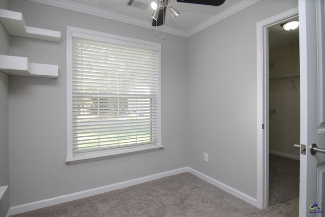 interior space featuring crown molding, carpet flooring, and ceiling fan