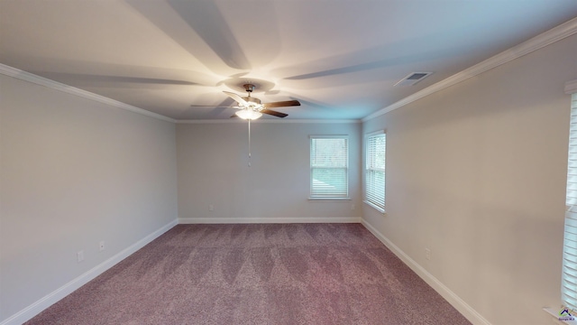 carpeted empty room with crown molding and ceiling fan