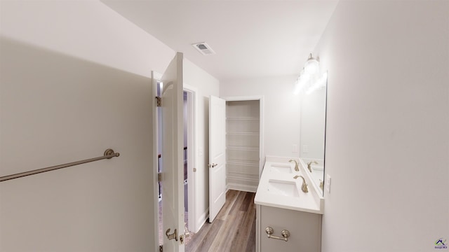 bathroom featuring vanity and hardwood / wood-style flooring