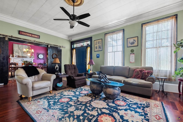 living room featuring ceiling fan, crown molding, and dark wood-type flooring