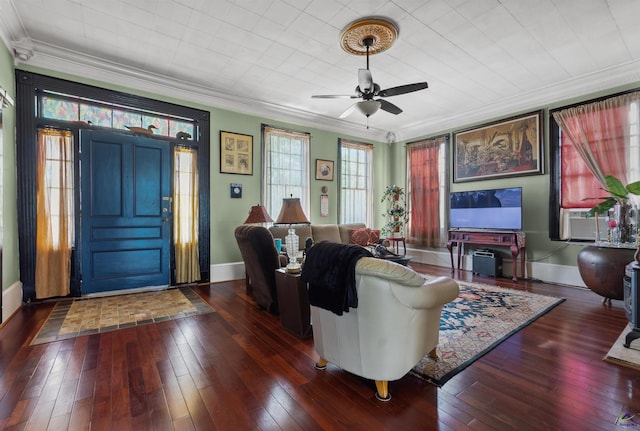 living room featuring ceiling fan, cooling unit, dark hardwood / wood-style floors, and ornamental molding