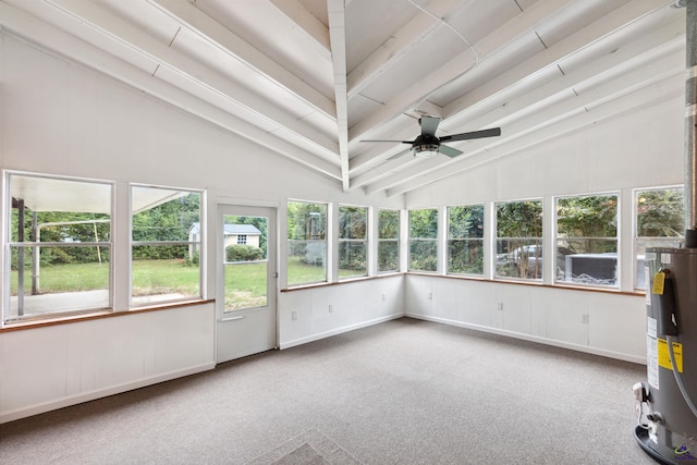 unfurnished sunroom featuring gas water heater, lofted ceiling with beams, and ceiling fan