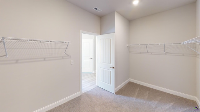 spacious closet featuring light colored carpet