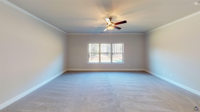 unfurnished room featuring ceiling fan, ornamental molding, and carpet flooring