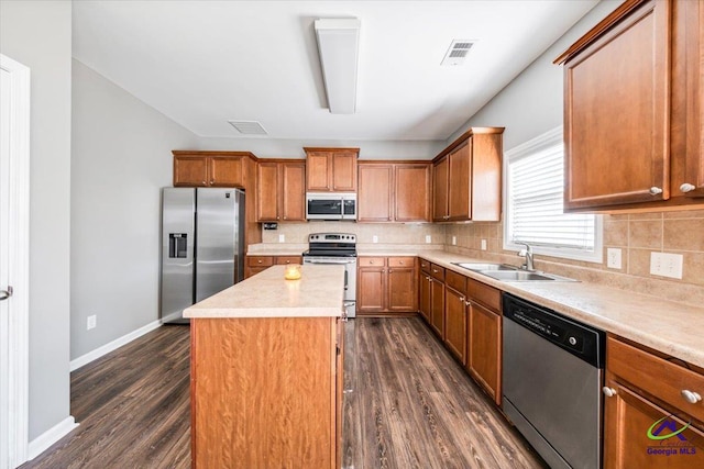 kitchen with a center island, stainless steel appliances, dark wood-type flooring, sink, and backsplash