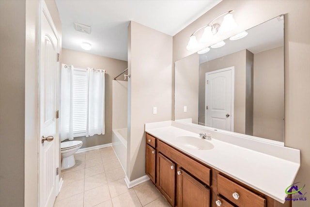 full bathroom featuring shower / bathtub combination, tile patterned floors, vanity, and toilet