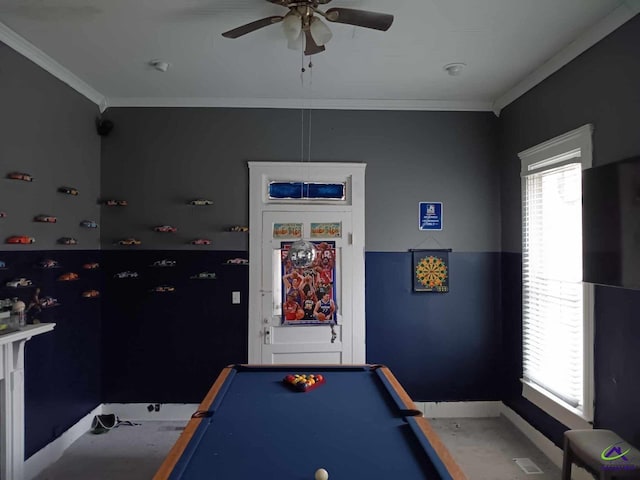 game room with ceiling fan, crown molding, and pool table