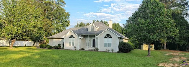 view of front of property with roof with shingles, stucco siding, a chimney, a front lawn, and fence
