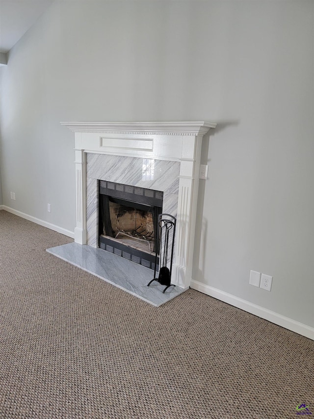 details featuring a fireplace, baseboards, and carpet floors