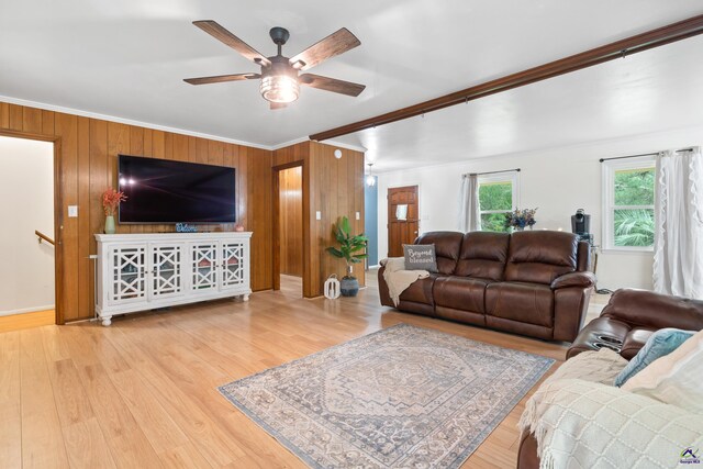 living room with wood-type flooring, wooden walls, and crown molding