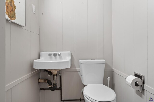 bathroom with wood walls, toilet, and sink