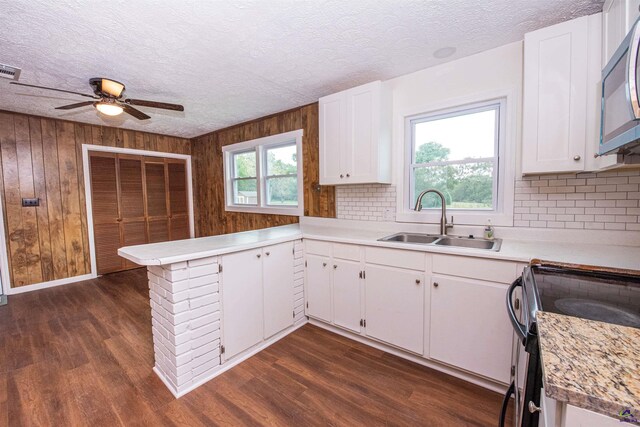 kitchen with decorative backsplash, white cabinetry, and dark wood-type flooring