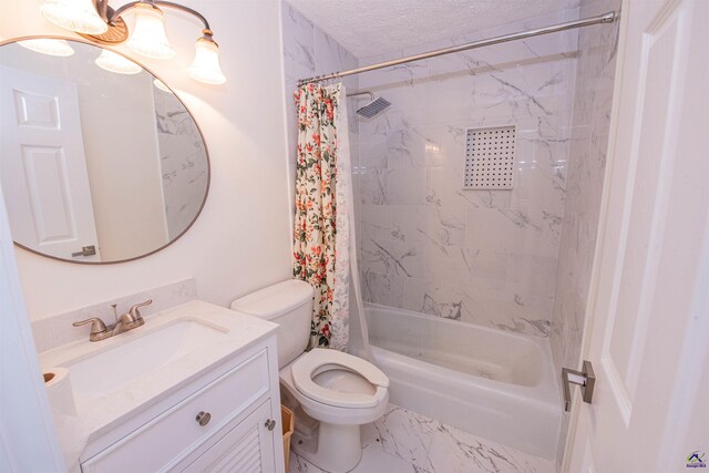 full bathroom with vanity, a textured ceiling, shower / tub combo, and toilet