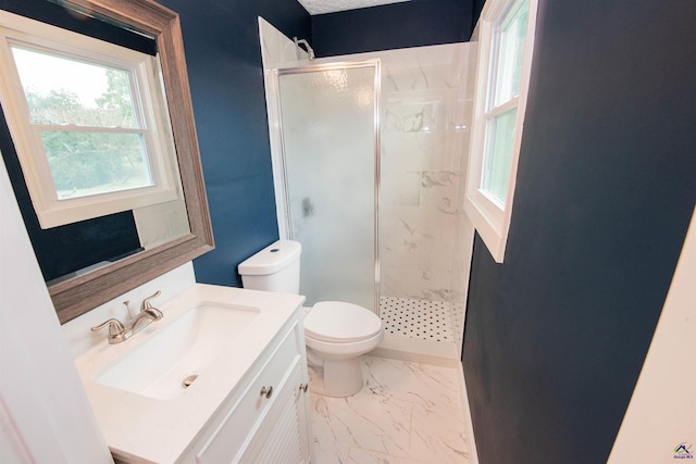 bathroom featuring vanity, toilet, and a shower with shower door