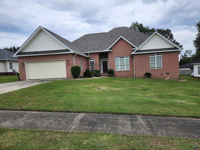 ranch-style house with a front yard and a garage