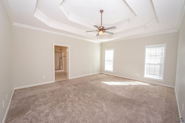 carpeted spare room featuring ceiling fan, crown molding, and a tray ceiling