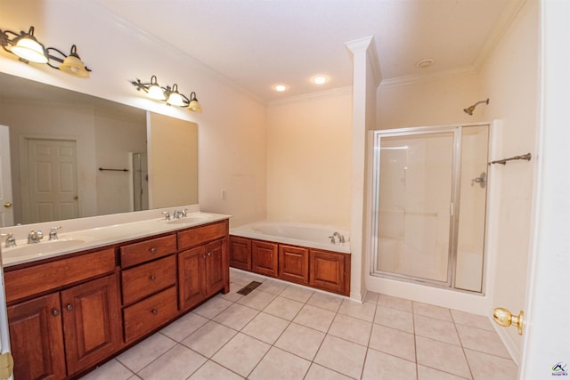 bathroom with tile patterned flooring, vanity, plus walk in shower, and ornamental molding