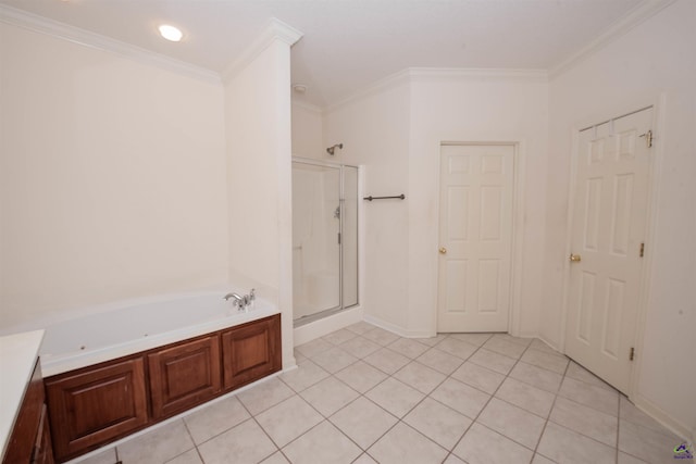 bathroom with tile patterned floors, separate shower and tub, and ornamental molding