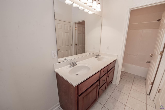 full bathroom featuring tile patterned flooring, vanity, toilet, and shower / tub combination