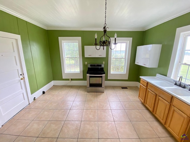 kitchen featuring hanging light fixtures, a chandelier, a healthy amount of sunlight, and stainless steel range oven