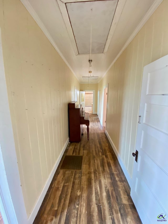 corridor featuring wood walls, dark hardwood / wood-style floors, and ornamental molding