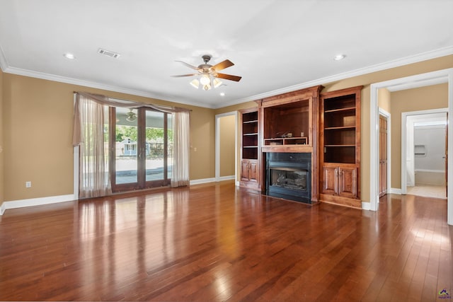 unfurnished living room with crown molding, hardwood / wood-style floors, and ceiling fan