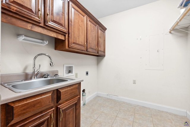 washroom featuring washer hookup, electric panel, cabinets, sink, and electric dryer hookup