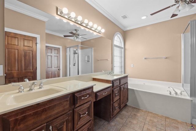 bathroom with ceiling fan, vanity, plus walk in shower, and ornamental molding