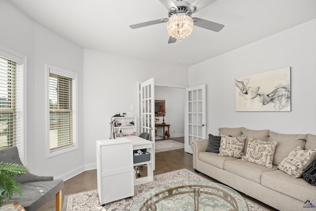 living room with french doors, hardwood / wood-style flooring, and ceiling fan