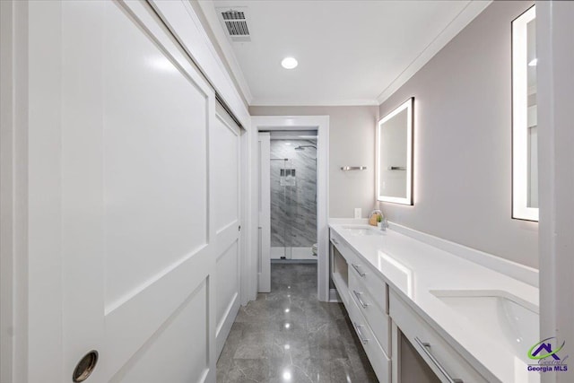 bathroom with walk in shower, crown molding, and vanity