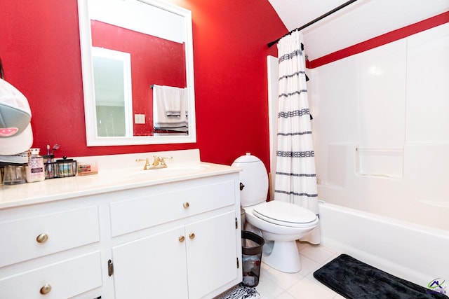 full bathroom featuring shower / bath combination with curtain, tile patterned flooring, vanity, and toilet