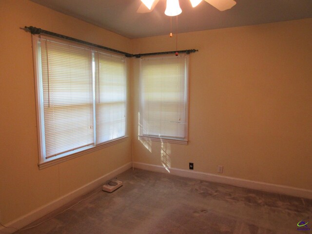 spare room with ceiling fan and carpet